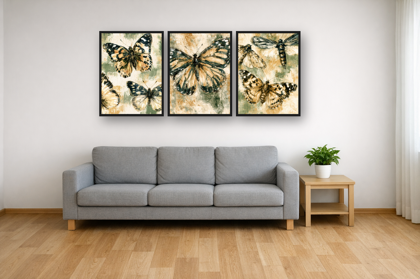 Vintage Butterflies framed poster set above a sofa in a living room – plakat na ścianę