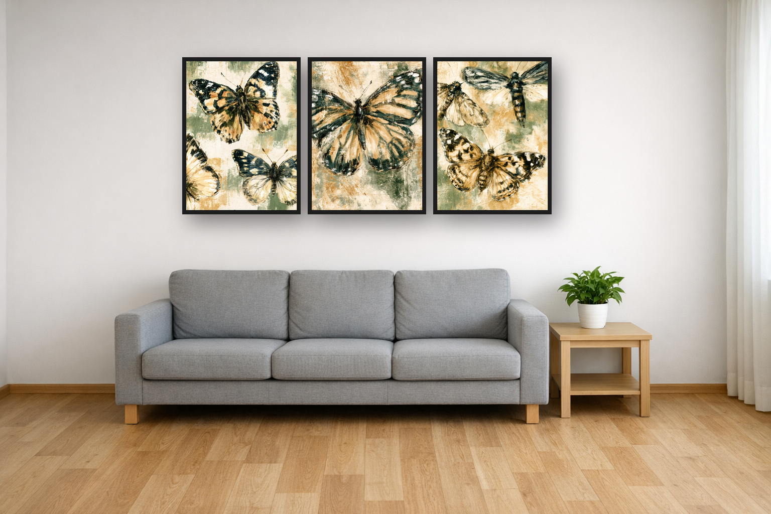 Vintage Butterflies framed poster set above a sofa in a living room