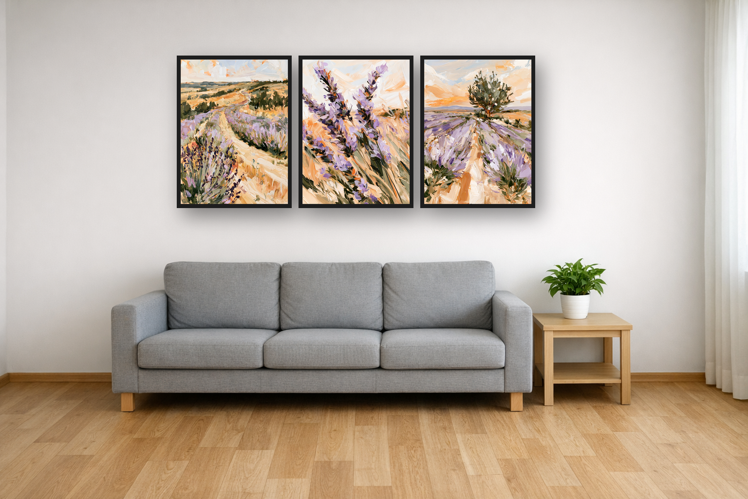 Lavender Fields framed poster set above a sofa in a living room