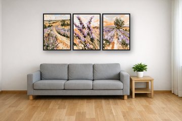 Lavender Fields framed poster set above a sofa in a living room – plakat na ścianę