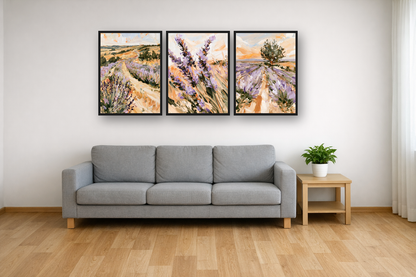Lavender Fields framed poster set above a sofa in a living room