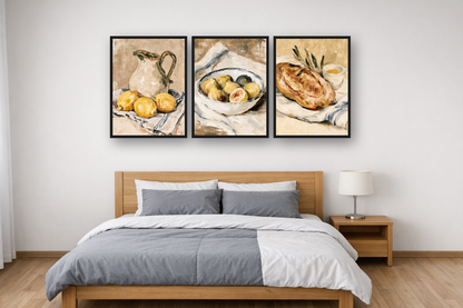 Linen Still Life framed poster set above a bed in a bedroom