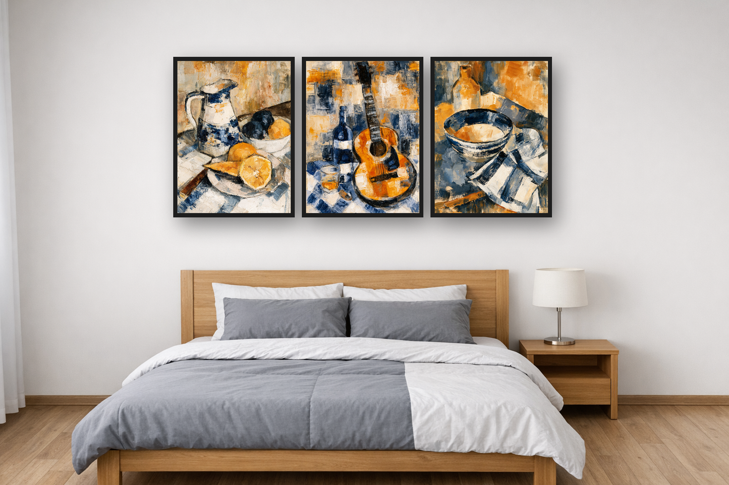 Cubist Still Life framed poster set above a bed in a bedroom – plakat na ścianę