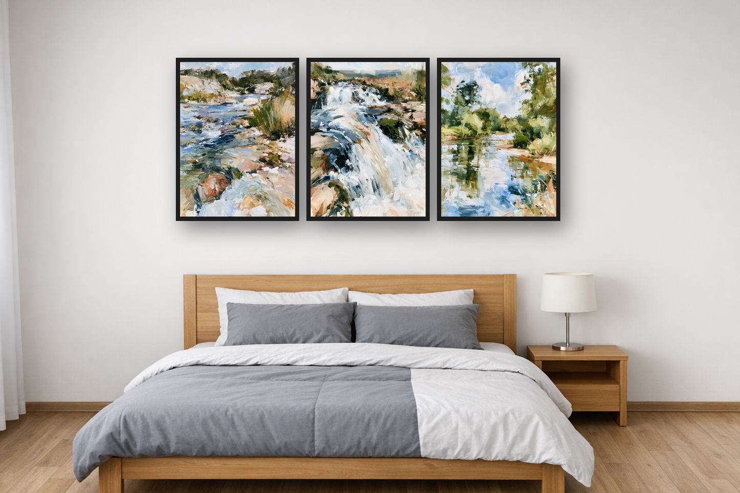 Mountain Stream framed poster set above a bed in a bedroom – plakat na ścianę