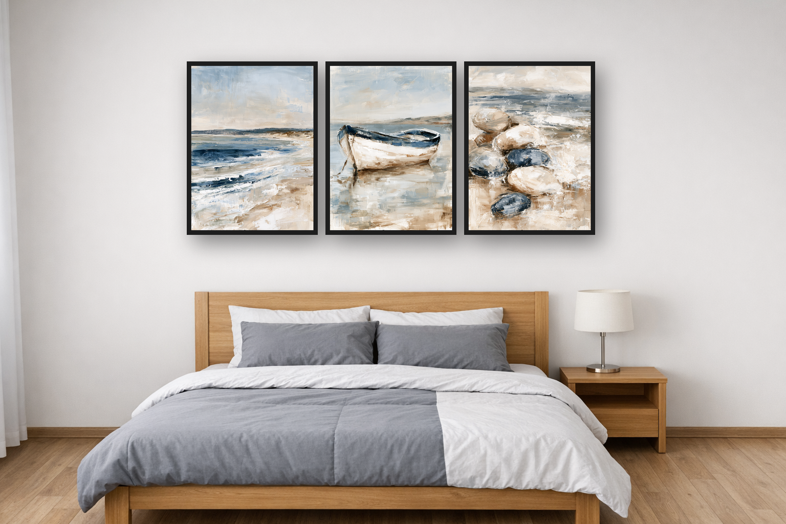 Quiet Bay framed poster set above a bed in a bedroom