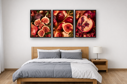 Figs and Pomegranates framed poster set above a bed in a bedroom