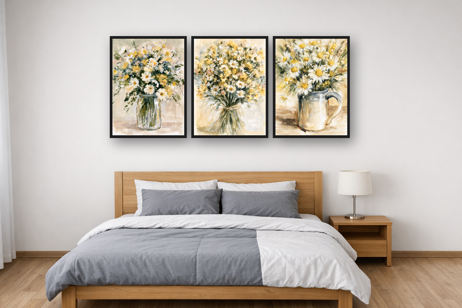 Wildflower Bouquets framed poster set above a bed in a bedroom