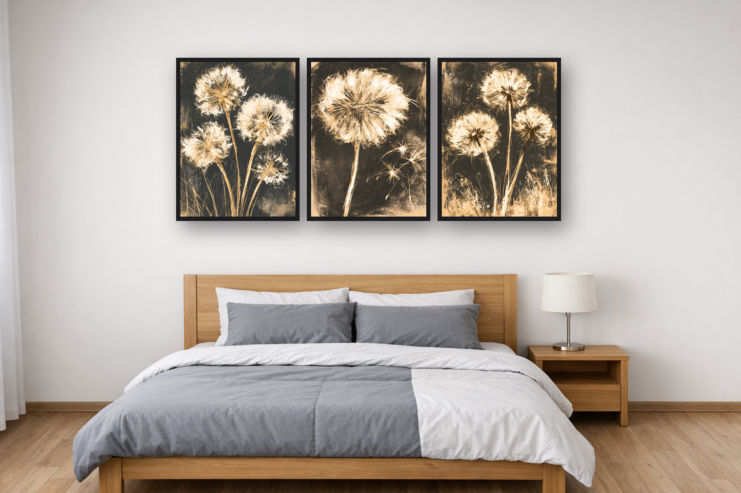 Golden Dandelions framed poster set above a bed in a bedroom – plakat na ścianę