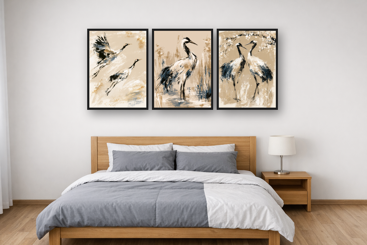 Japanese Cranes framed poster set above a bed in a bedroom – plakat na ścianę