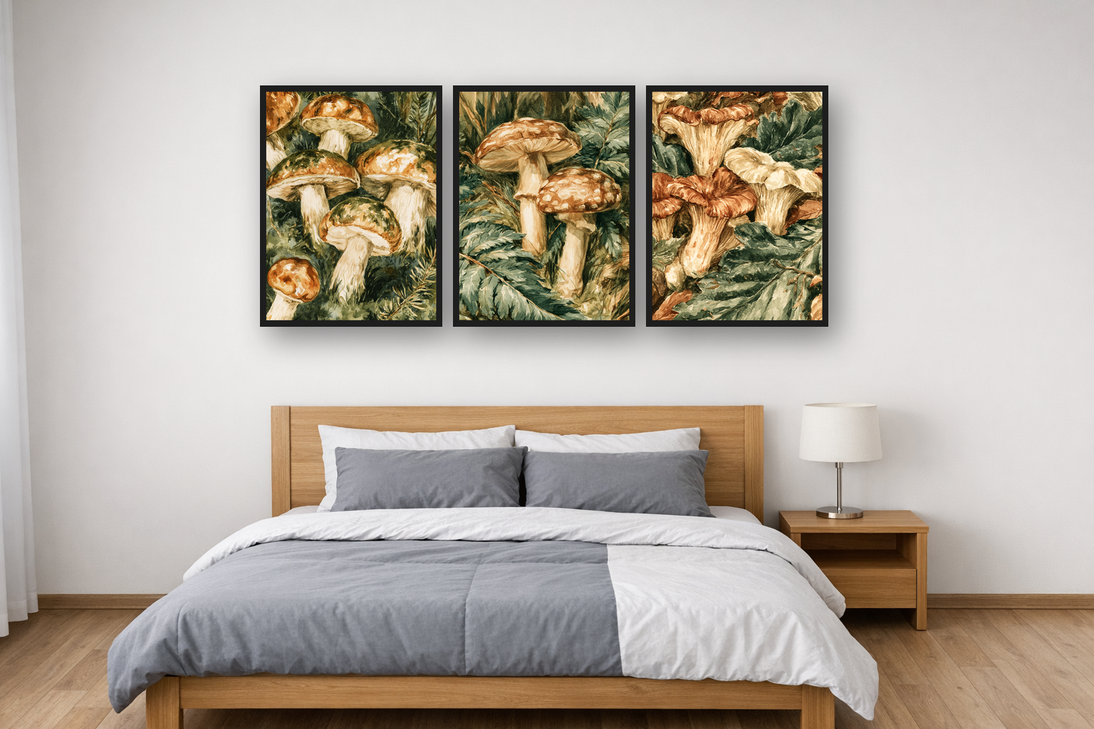 Forest Mushrooms framed poster set above a bed in a bedroom
