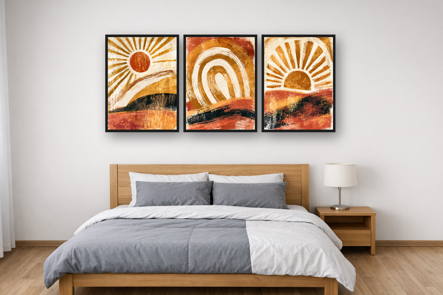 Golden Arches framed poster set above a bed in a bedroom – plakat na ścianę