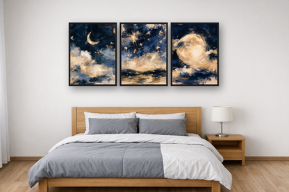 Night Sky framed poster set above a bed in a bedroom