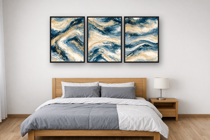 Ink Marble framed poster set above a bed in a bedroom