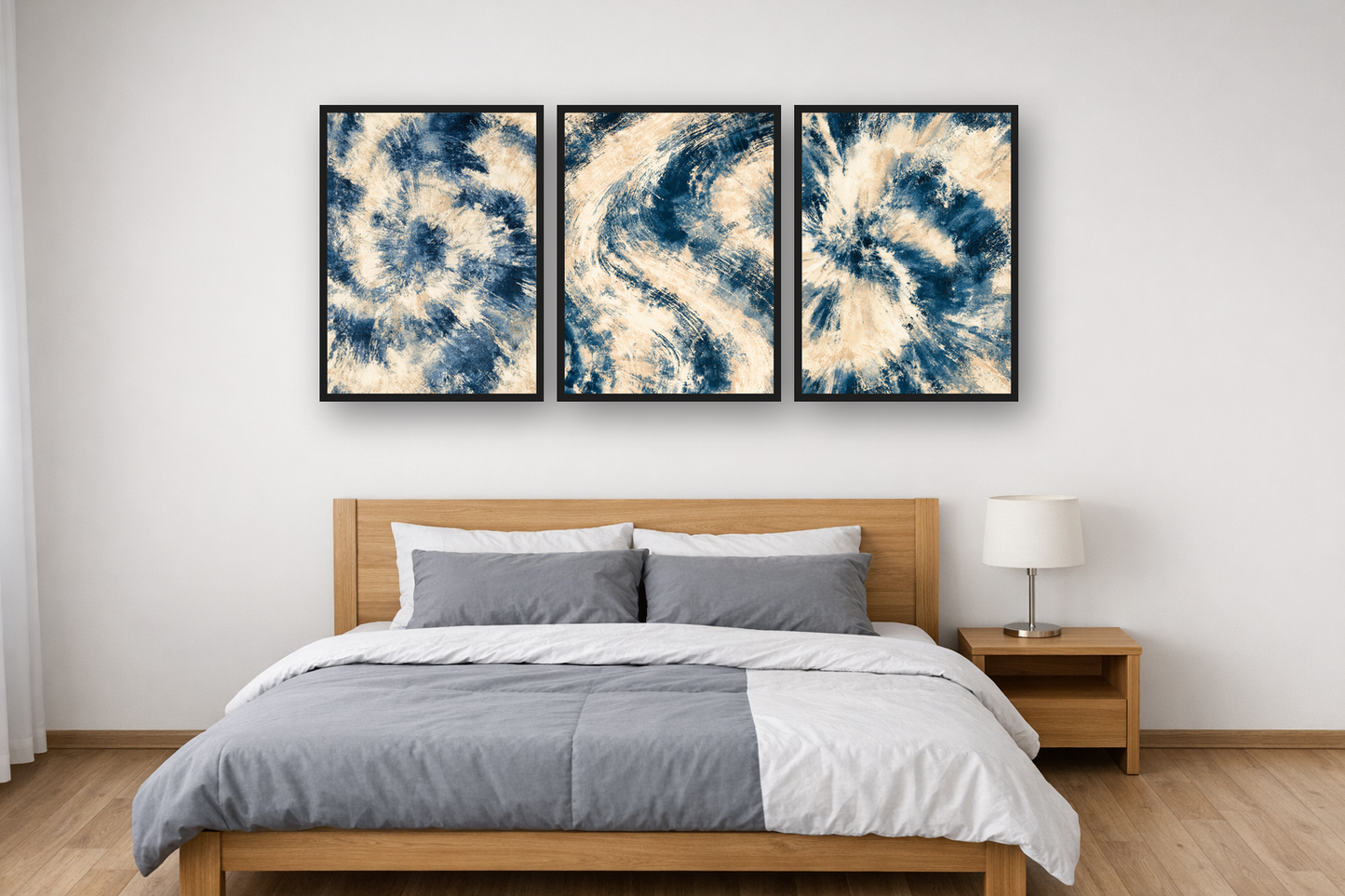 Indigo Batik framed poster set above a bed in a bedroom – plakat na ścianę