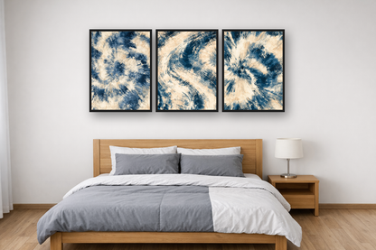 Indigo Batik framed poster set above a bed in a bedroom