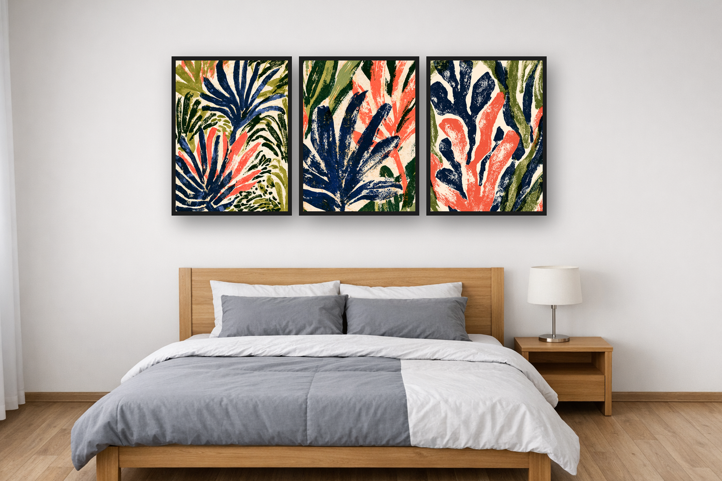 Organic Cut-Outs framed poster set above a bed in a bedroom – plakat na ścianę