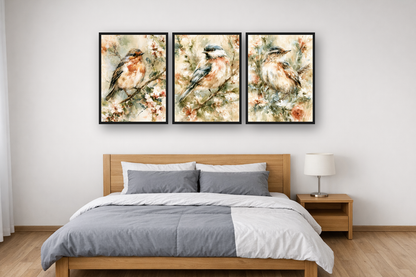 Garden Birds framed poster set above a bed in a bedroom