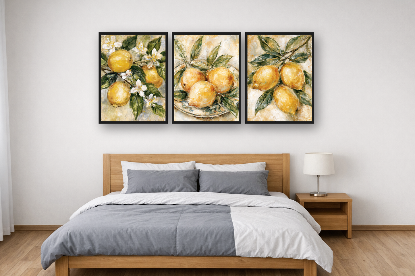 Lemon Branch framed poster set above a bed in a bedroom – plakat na ścianę