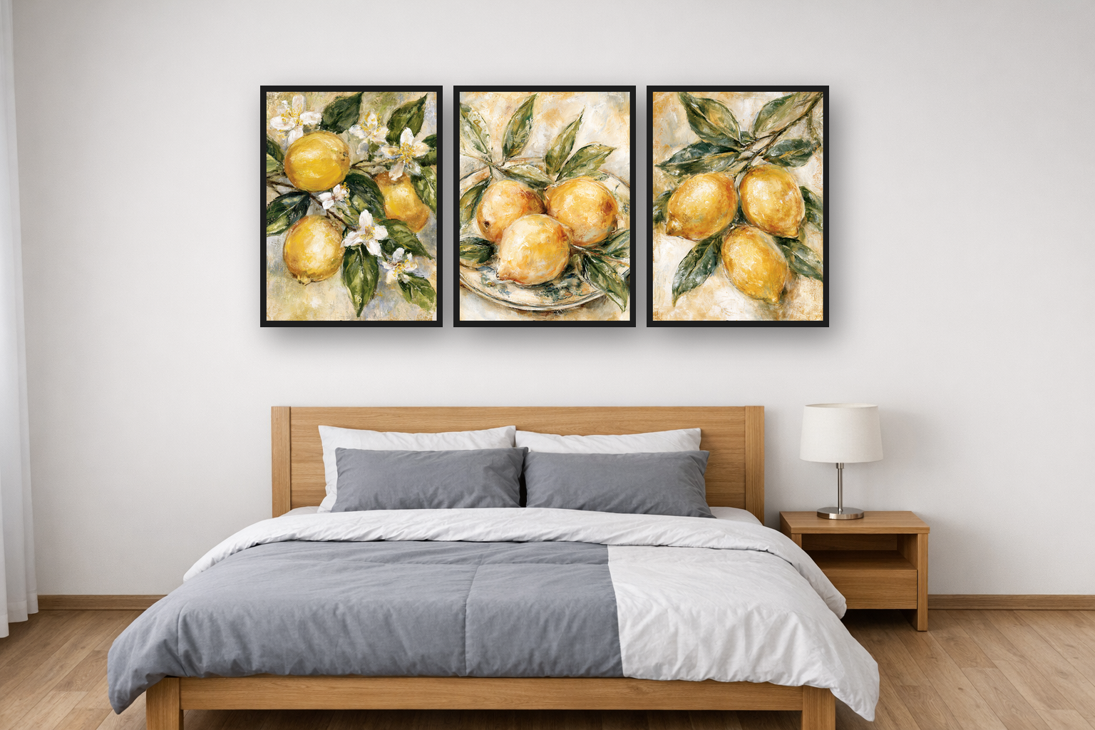 Lemon Branch framed poster set above a bed in a bedroom