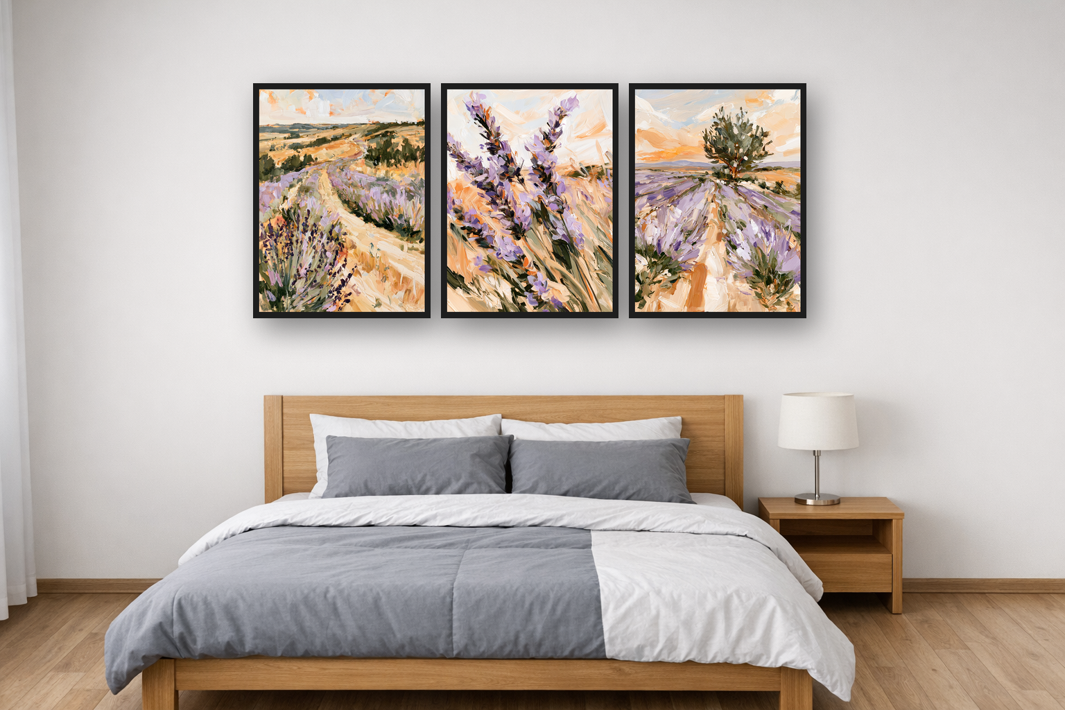Lavender Fields framed poster set above a bed in a bedroom