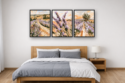 Lavender Fields framed poster set above a bed in a bedroom