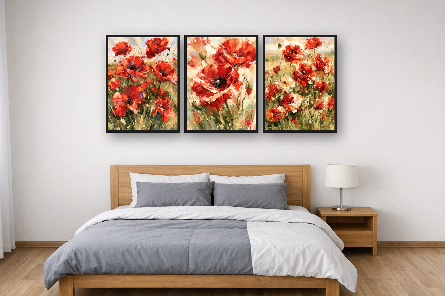 Wild Poppies framed poster set above a bed in a bedroom