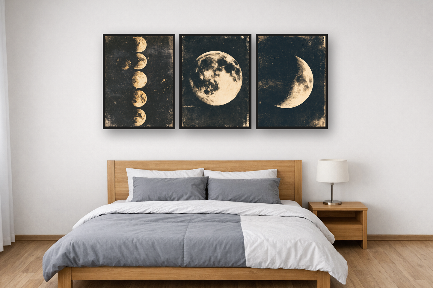 Moon Phases framed poster set above a bed in a bedroom – plakat na ścianę