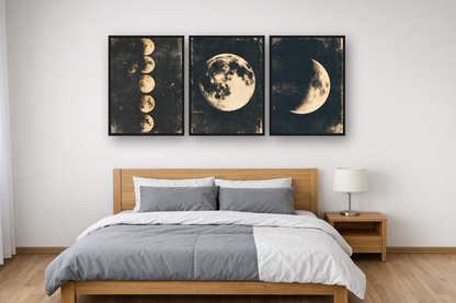 Moon Phases framed poster set above a bed in a bedroom