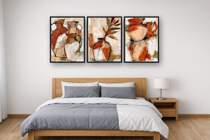 Terracotta Vessels framed poster set above a bed in a bedroom