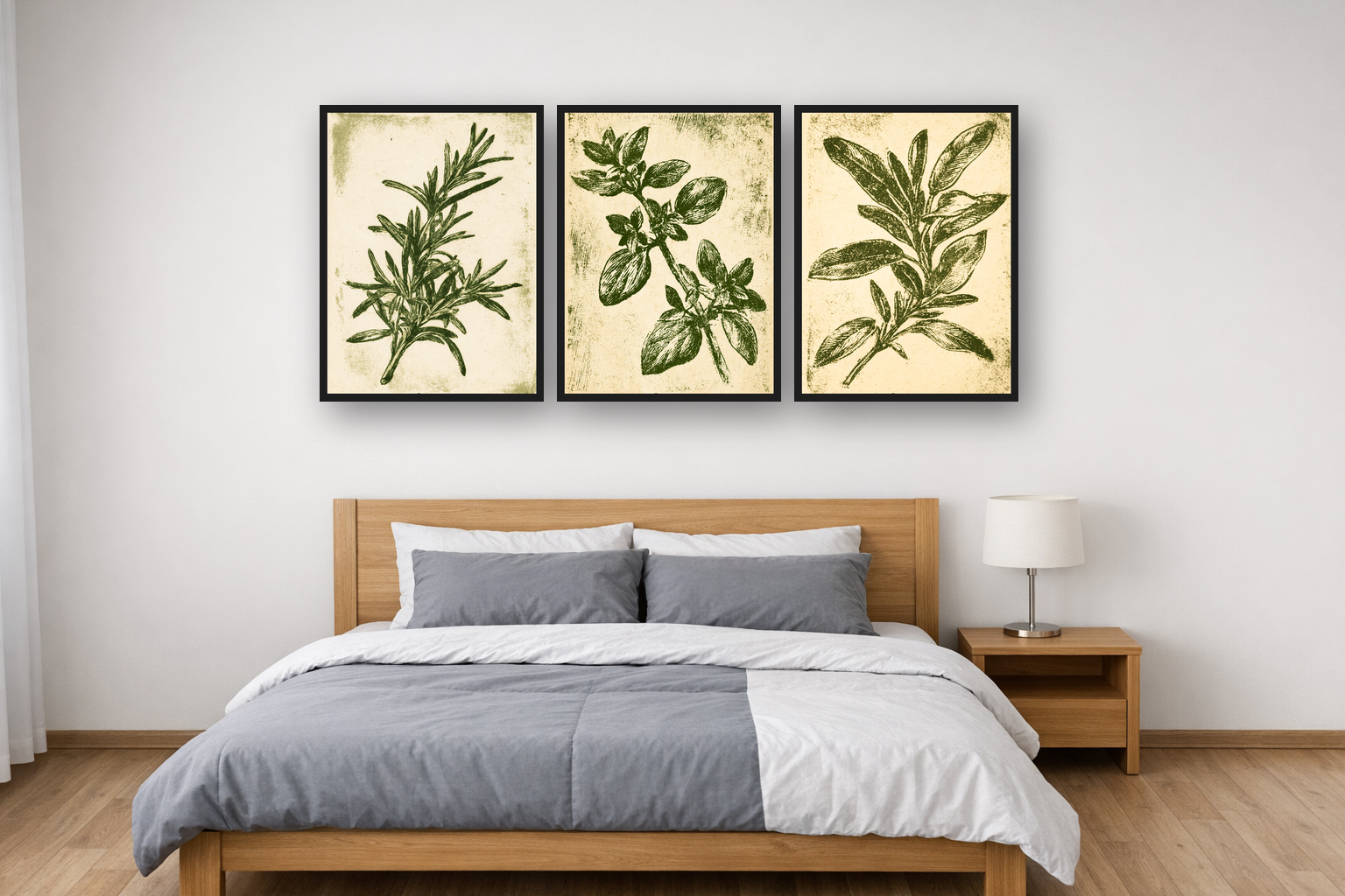 Herb Etchings framed poster set above a bed in a bedroom