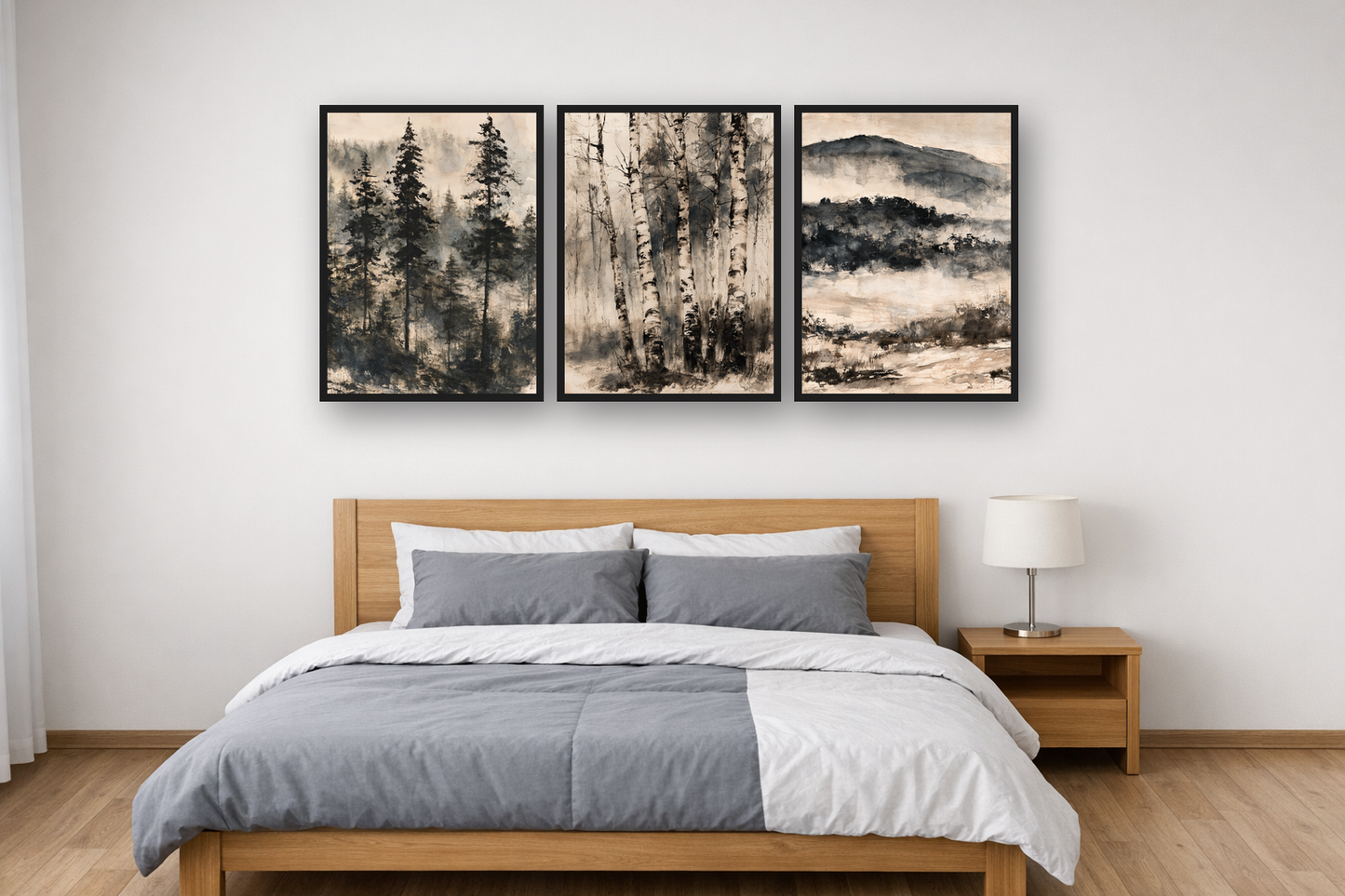 Misty Forest Ink framed poster set above a bed in a bedroom – plakat na ścianę
