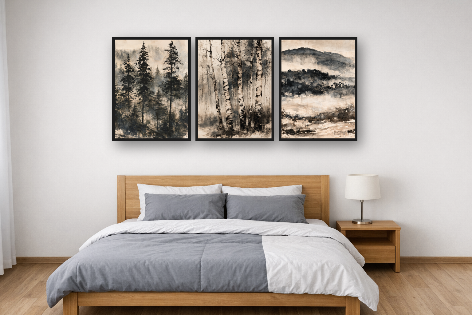 Misty Forest Ink framed poster set above a bed in a bedroom