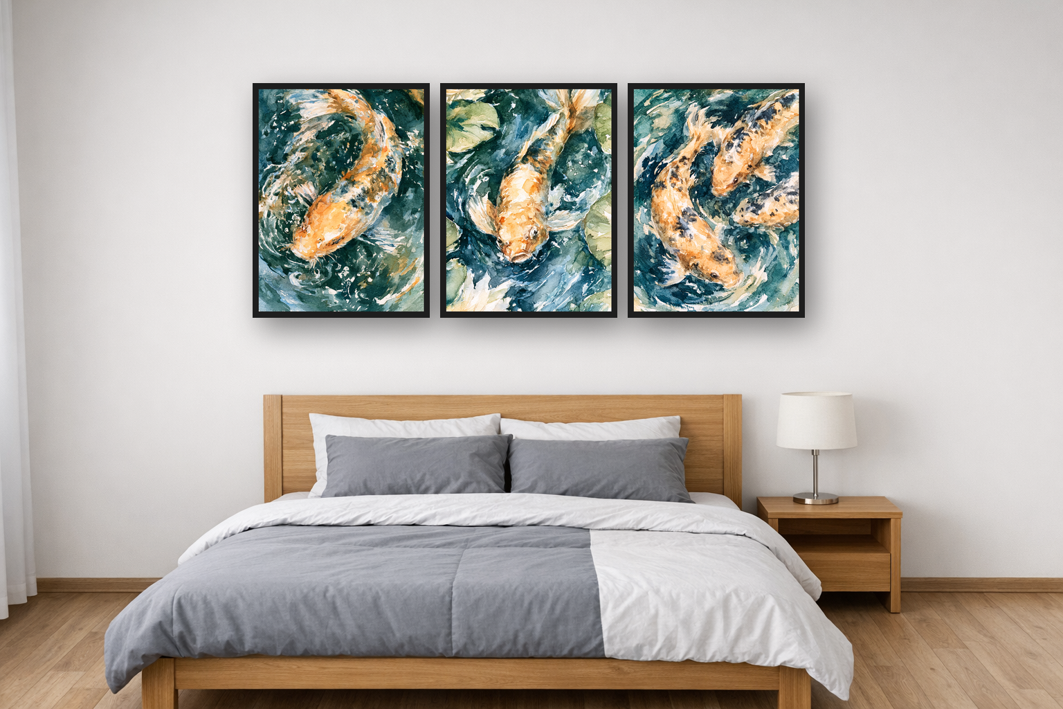 Koi Pond framed poster set above a bed in a bedroom