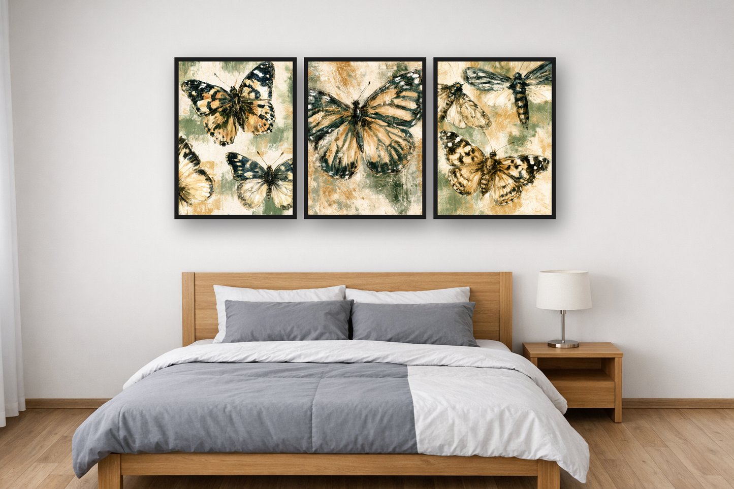 Vintage Butterflies framed poster set above a bed in a bedroom – plakat na ścianę