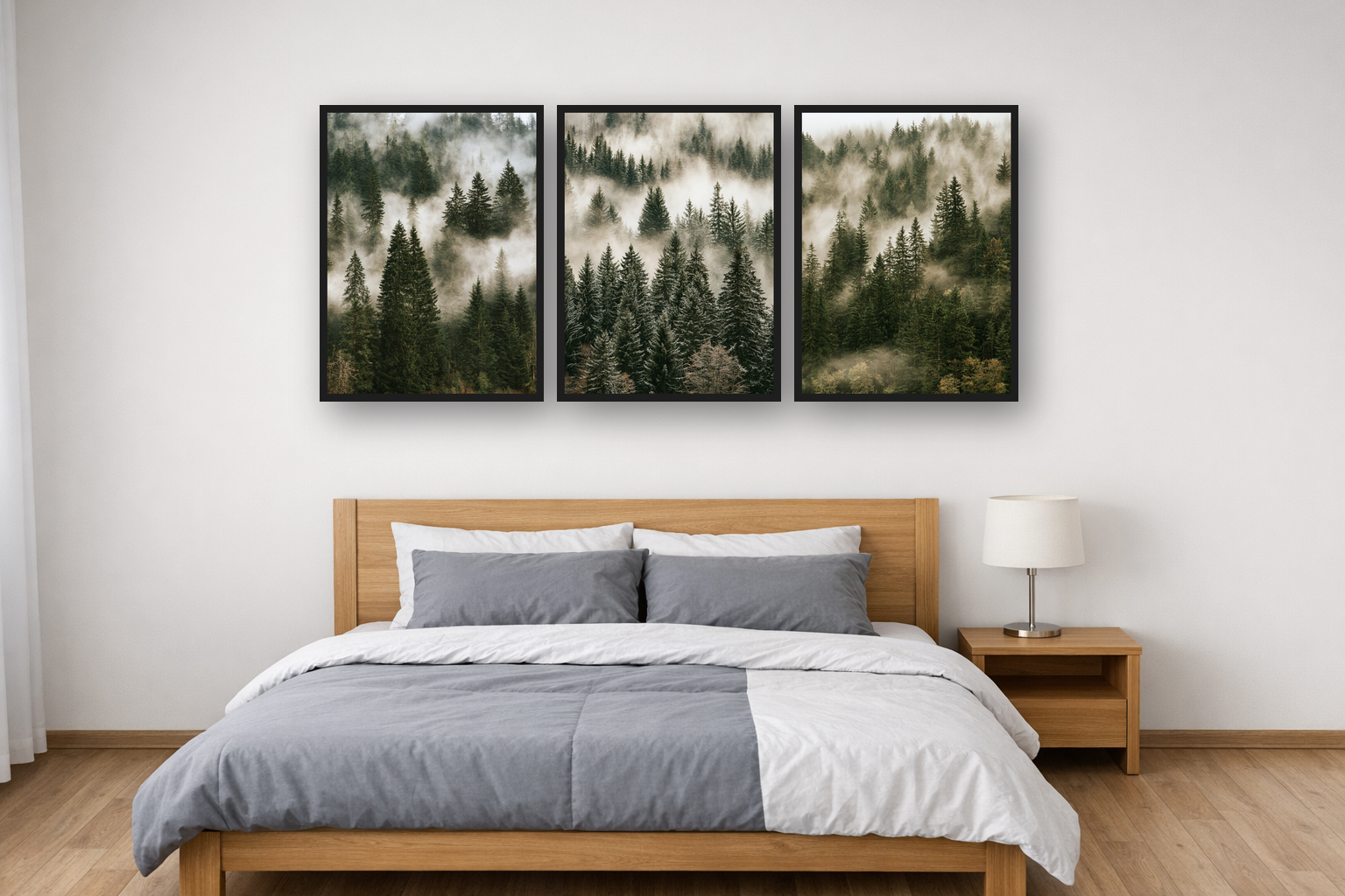 Nordic Forest framed poster set above a bed in a bedroom