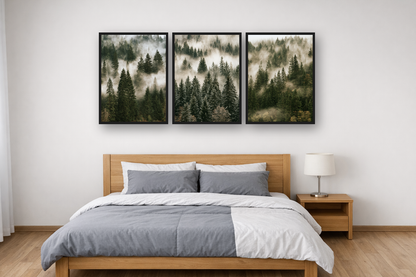 Nordic Forest framed poster set above a bed in a bedroom