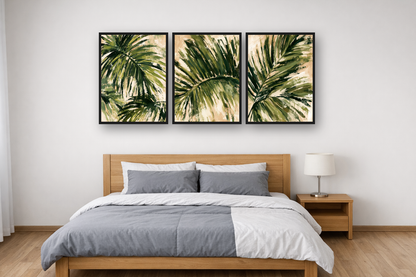 Palm Leaf framed poster set above a bed in a bedroom
