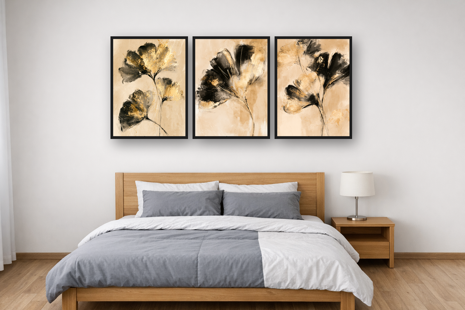 Golden Ginkgo framed poster set above a bed in a bedroom