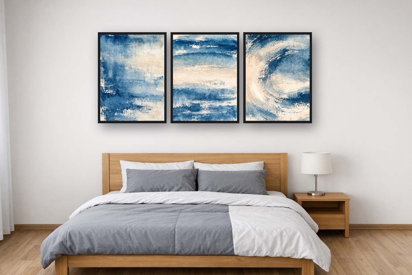 Indigo Wash framed poster set above a bed in a bedroom – plakat na ścianę