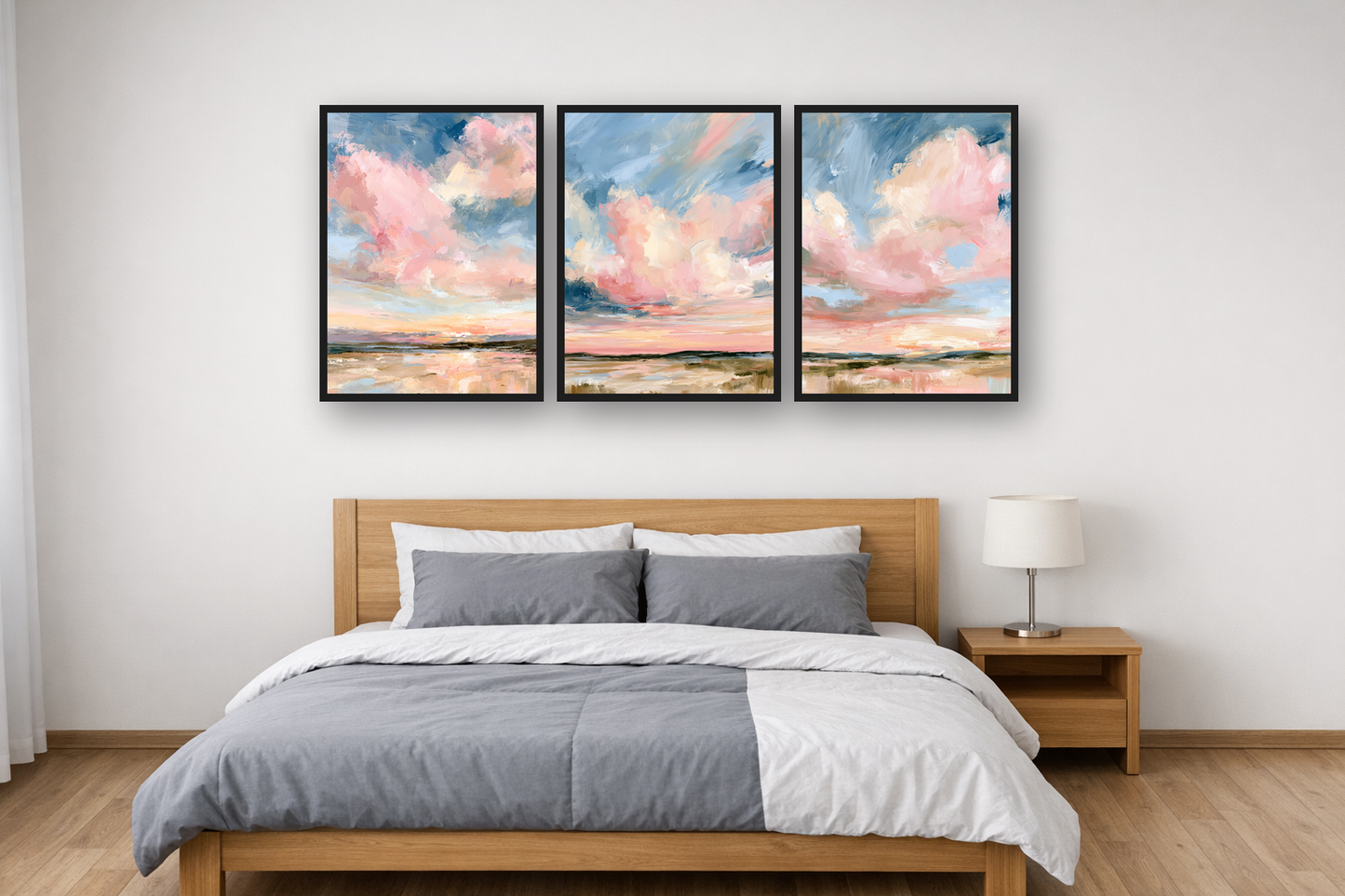 Powder Clouds framed poster set above a bed in a bedroom – plakat na ścianę