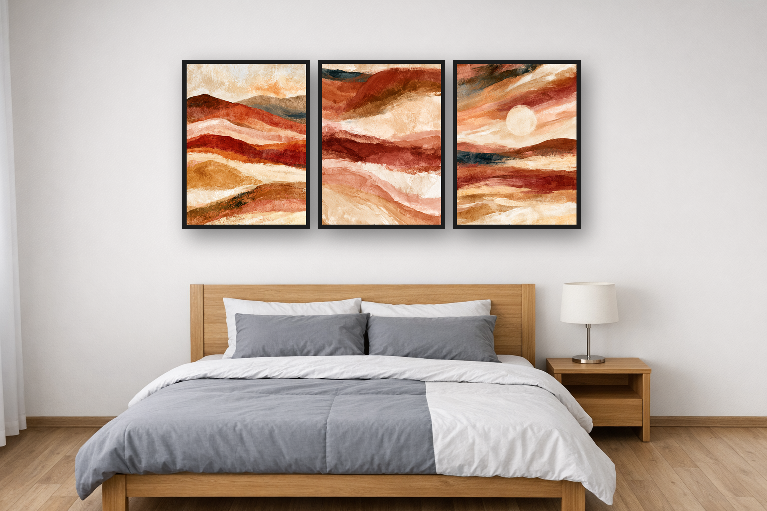 Desert Hills framed poster set above a bed in a bedroom