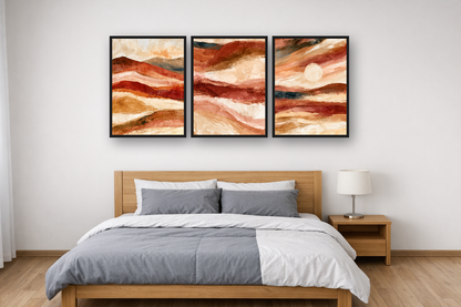 Desert Hills framed poster set above a bed in a bedroom