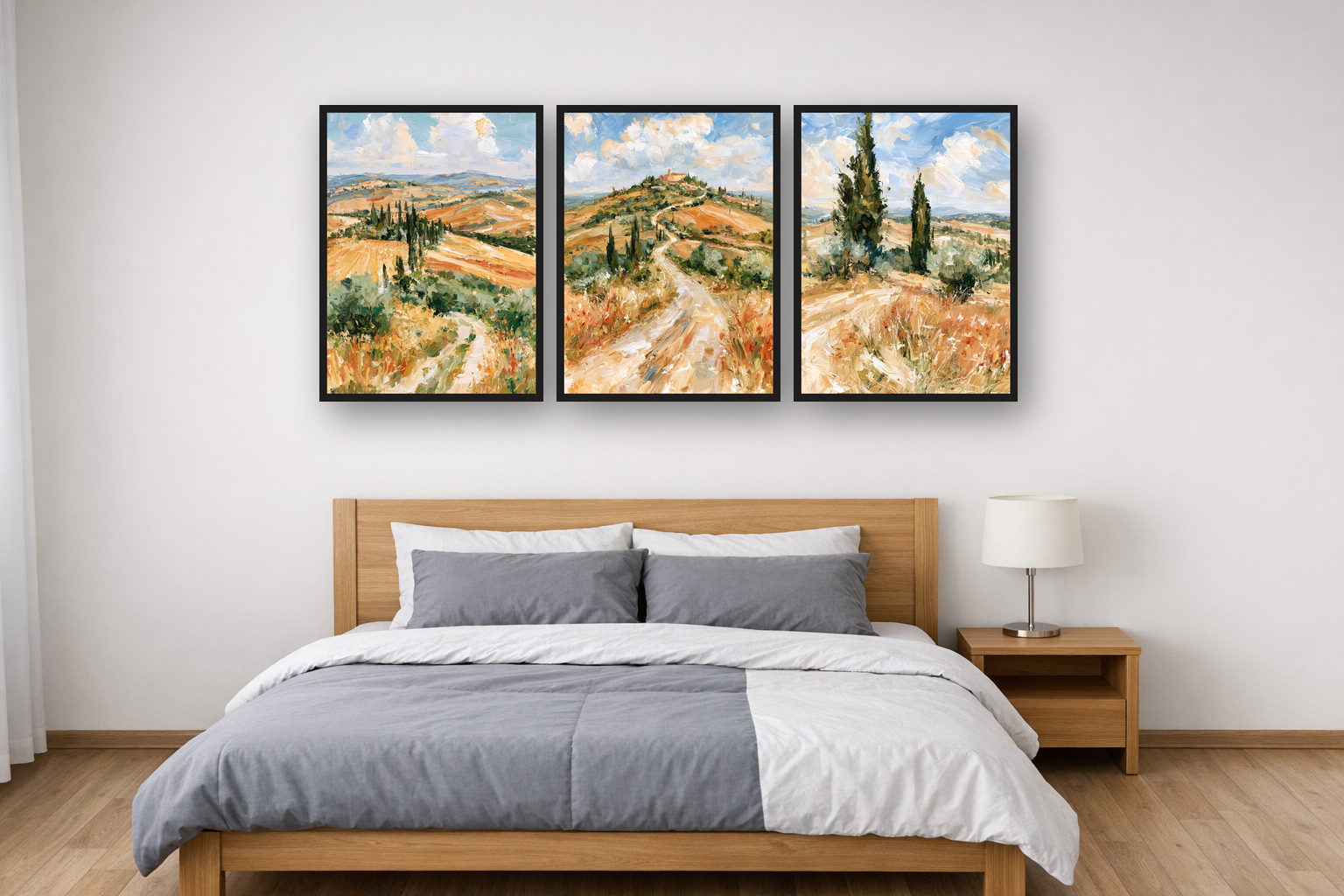 Tuscan Cypress framed poster set above a bed in a bedroom