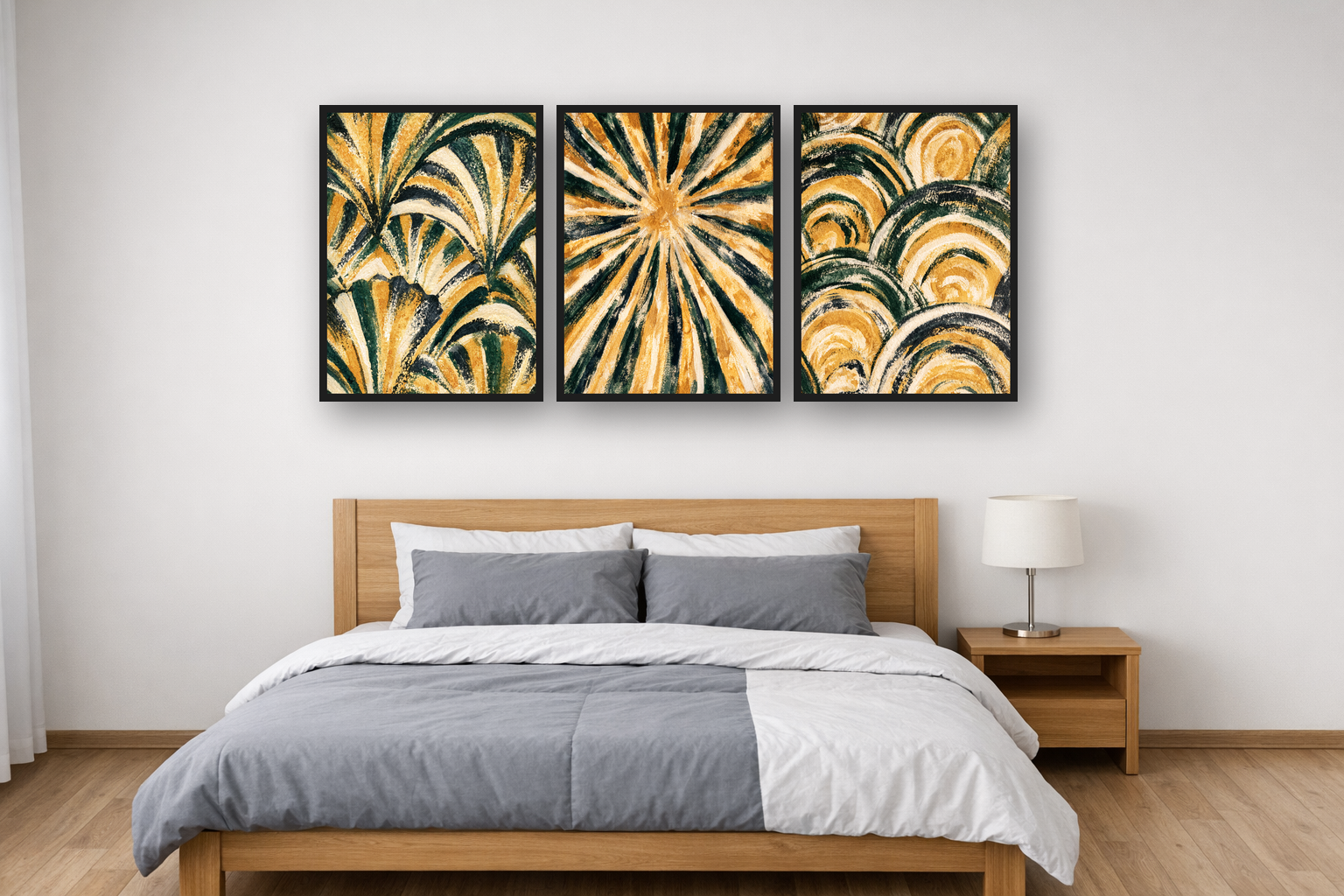 Art Deco Waves framed poster set above a bed in a bedroom