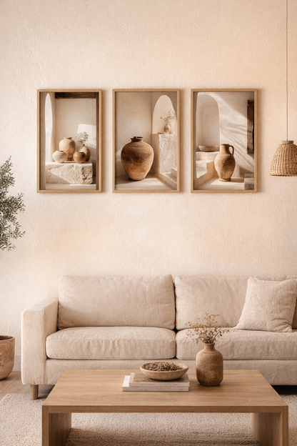 Terracotta kruiken — set van 3 mediterrane posters