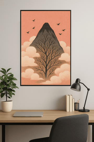 Wydruk artystyczny z górami i ptakami - CasaNookDecor