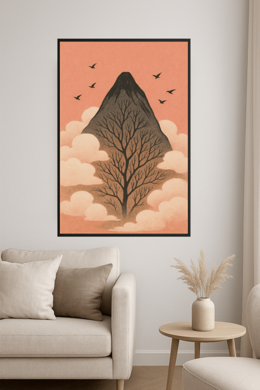 Wydruk artystyczny z górami i ptakami - CasaNookDecor