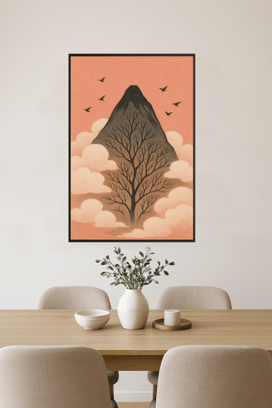 Wydruk artystyczny z górami i ptakami - CasaNookDecor