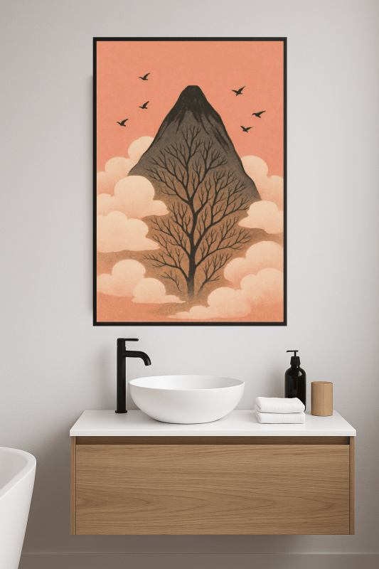 Wydruk artystyczny z górami i ptakami - CasaNookDecor