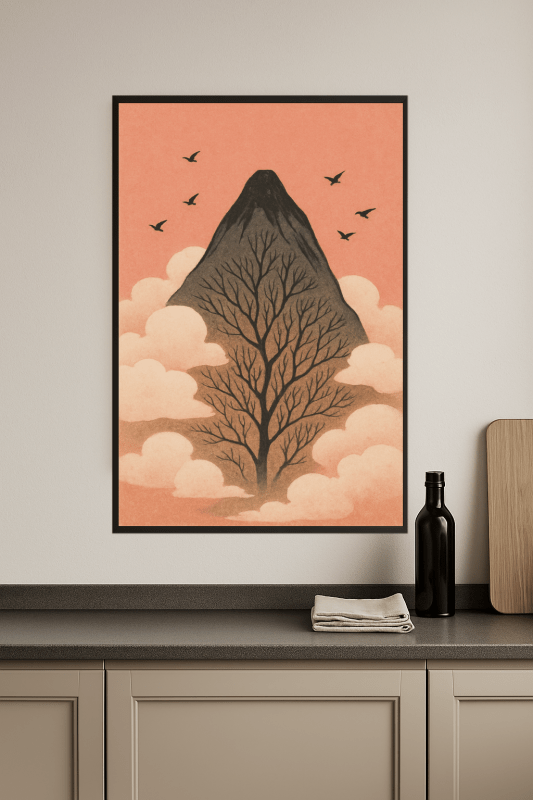 Wydruk artystyczny z górami i ptakami - CasaNookDecor